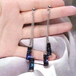 Tassel Earrings Long Geometric Earrings Blue Rhinestone Women Drop Dangling